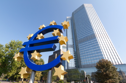 The euro sign stands in front of the European Central Bank in Frankfurt, Germany. Switzer Super Report.